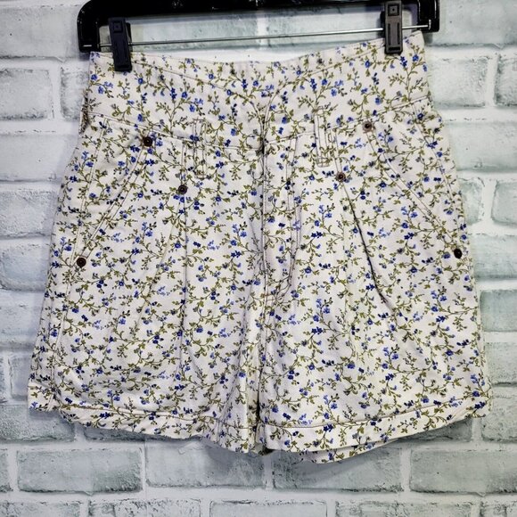 Vintage 90s Grass Raggs Ditsy Floral Print Denim Hi Paper Bag Waist Jeans Shorts - Picture 2 of 10